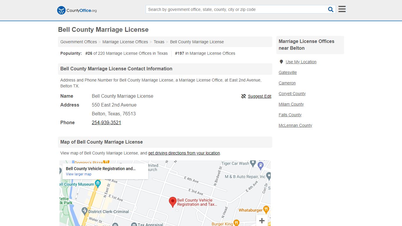 Bell County Marriage License - Belton, TX (Address and Phone)